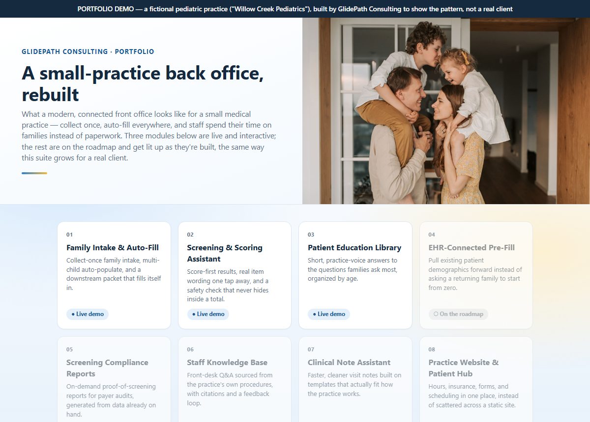 Pediatric practice suite: family intake, screening, and patient education modules