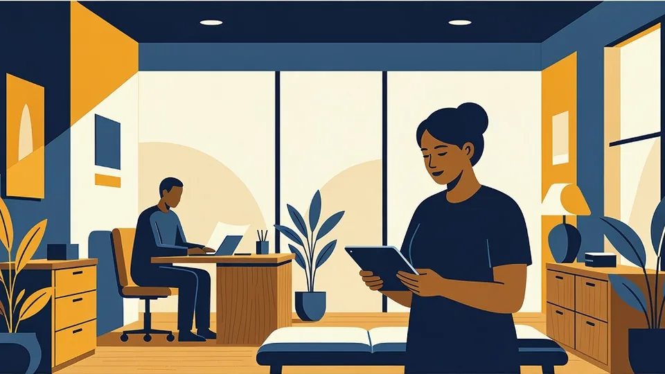 Illustration: a clinic staff member finds an answer on a tablet while a practice owner works undisturbed at his desk.