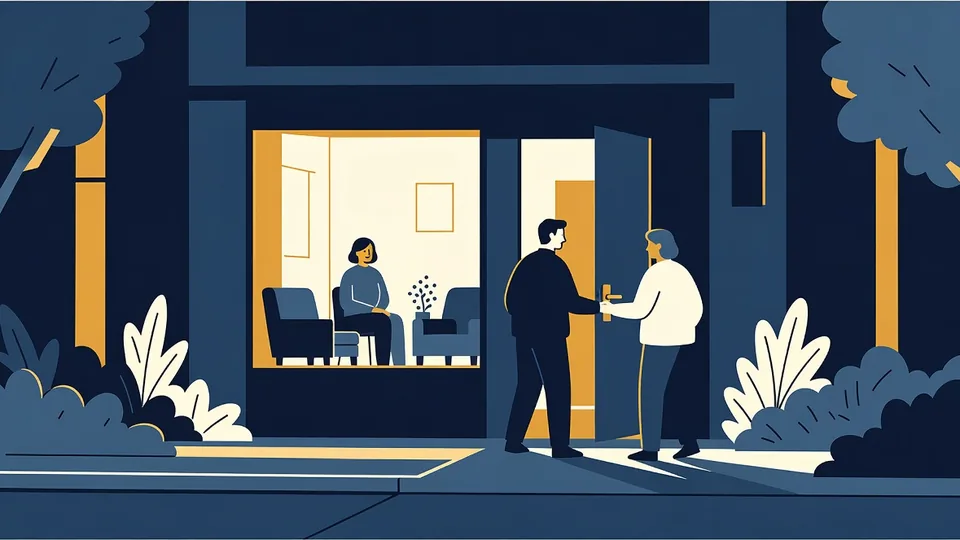 Illustration: two people greet each other at the open door of a small practice, with a third person seated in the lit room inside.