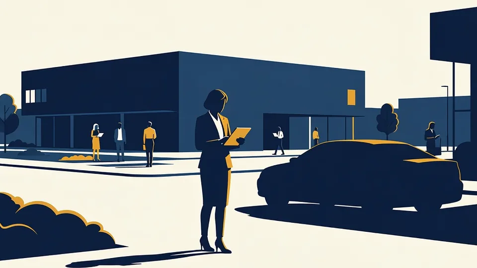 Illustration: a sales representative reads a tablet beside a plain parked car outside a low office building.