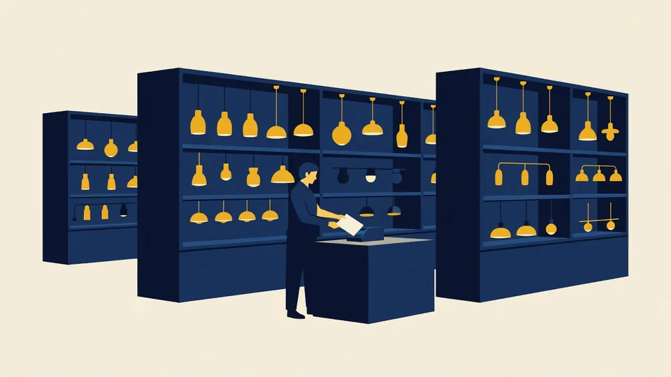 Illustration: a warehouse worker feeds a sheet of paper into a scanner in front of racks of lit pendant lamps.