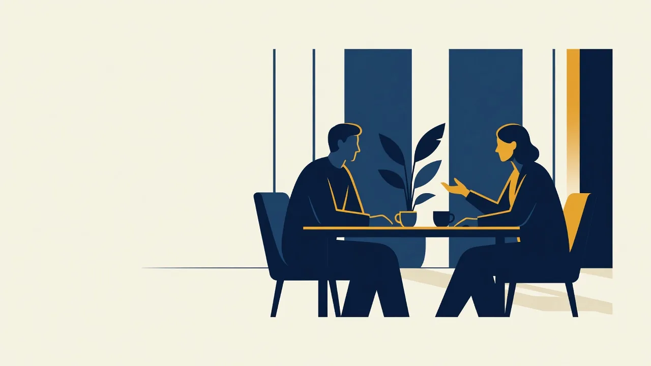 Illustration: two people talking across a table in a calm office.